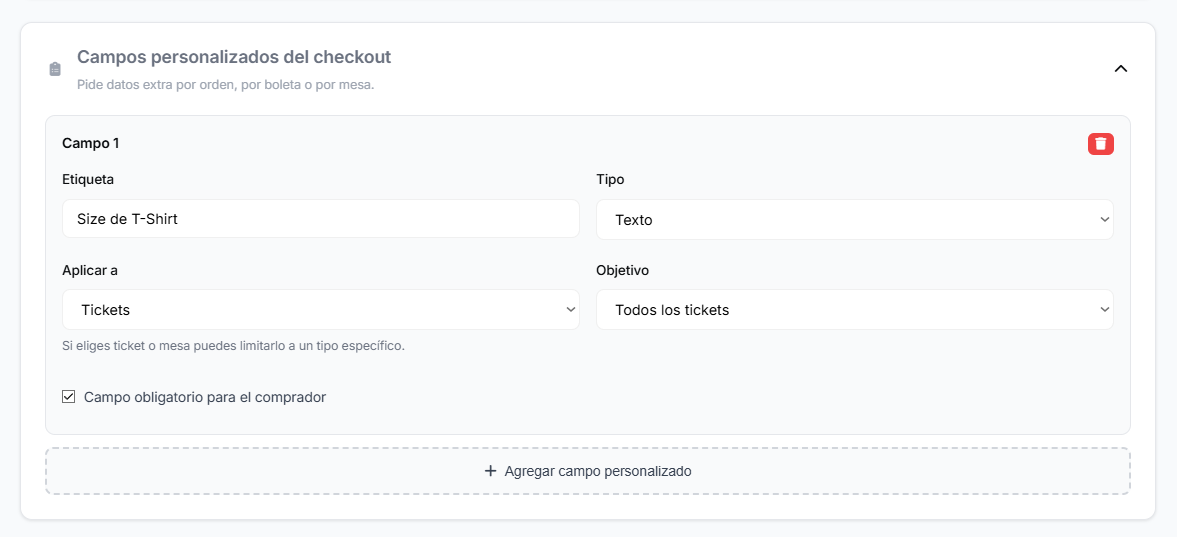 Vista de configuración de campos personalizados del checkout en el panel de PURPL
