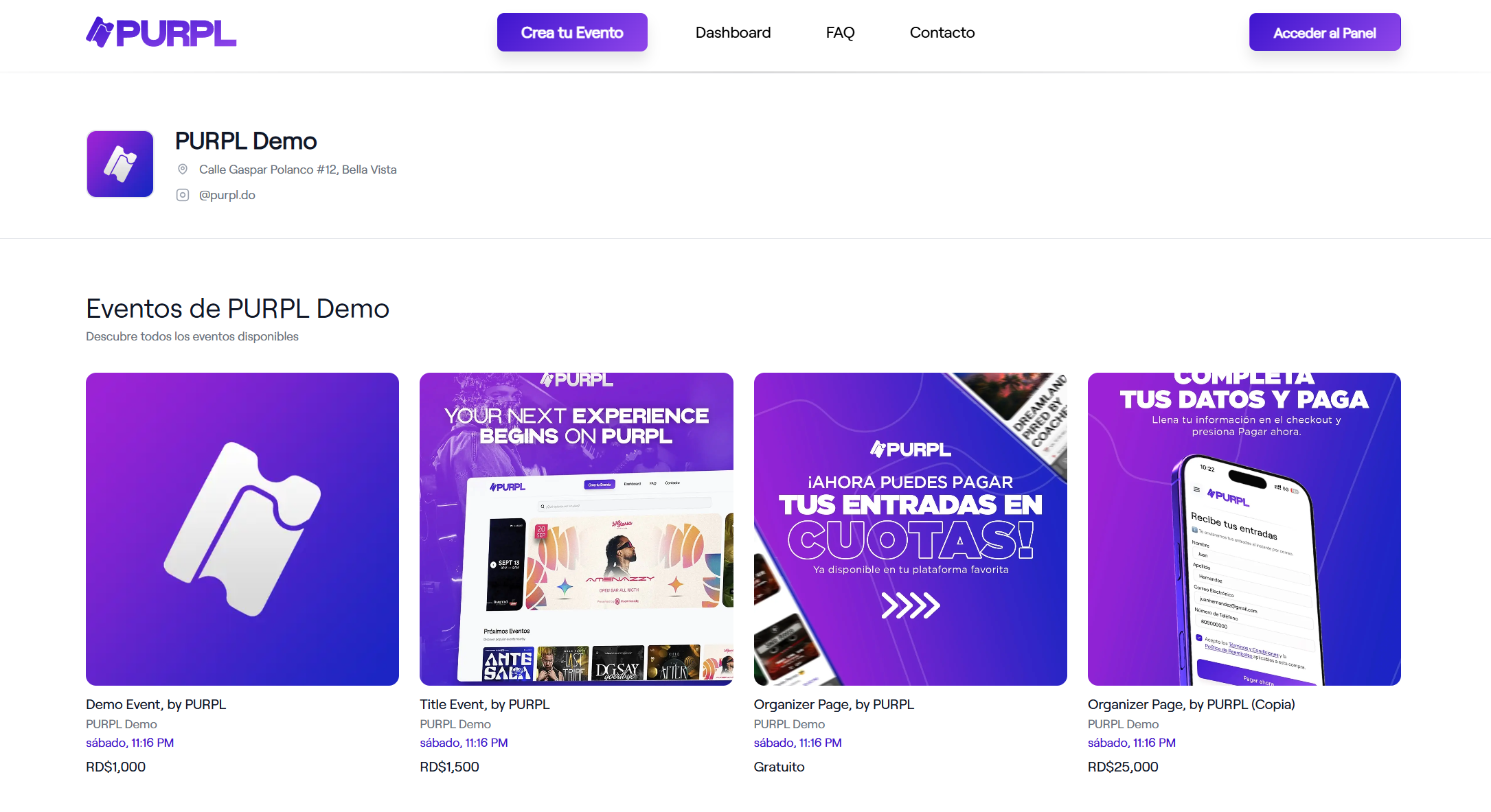 Vista de la página de organización en PURPL