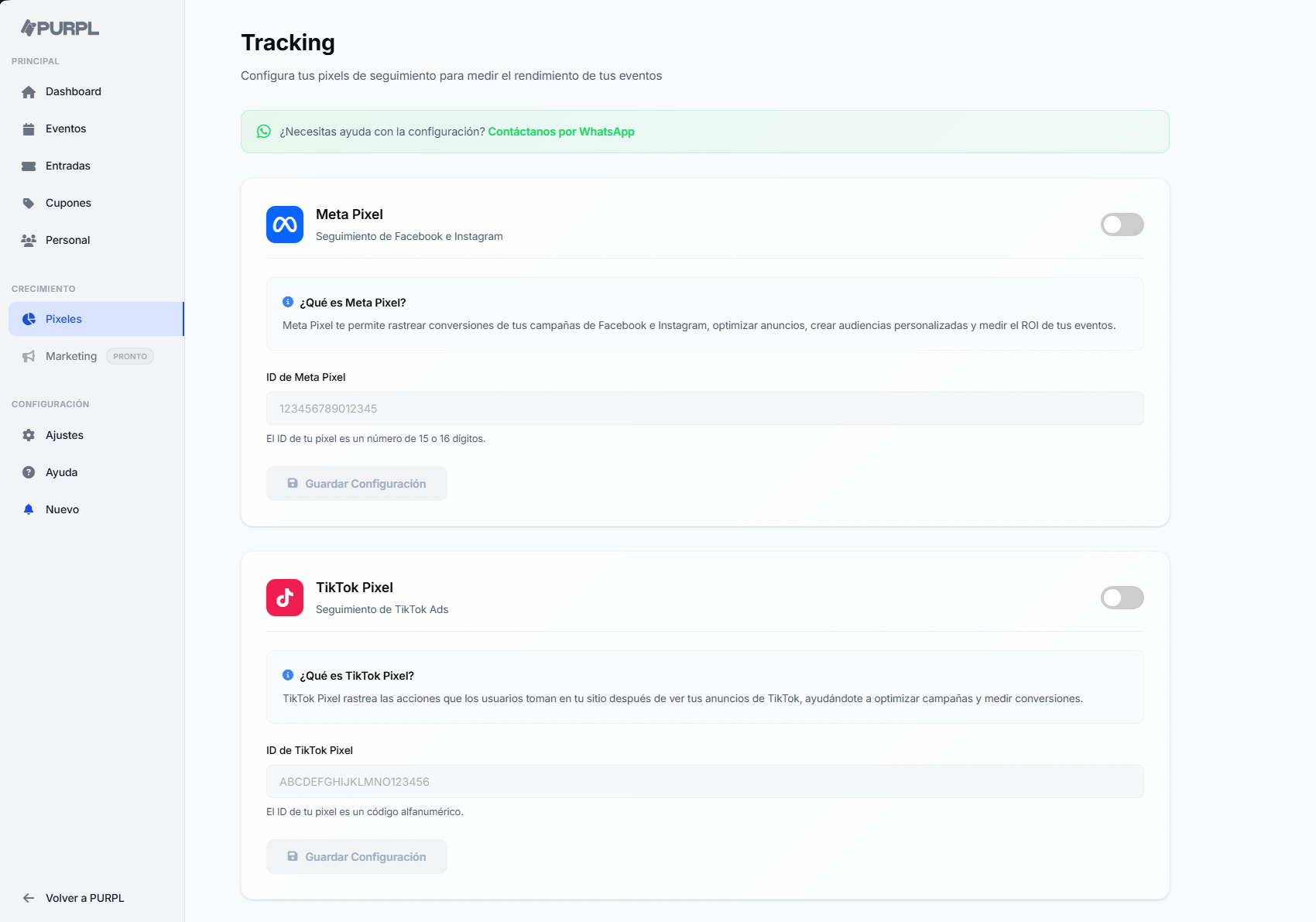 Configuración del píxel de anuncios en el panel de PURPL